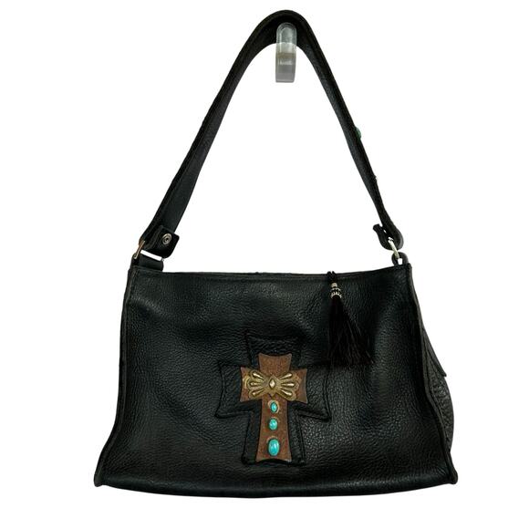 Eternal Perspective Cross Shoulder Bag Bison Leather Turquoise Beads Horse Hair - Picture 2 of 9
